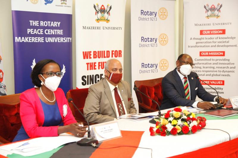 Rotary International President Shekhar Mehta (C) with the Chairperson, Mak Council, Mrs Lorna Magara, and the Vice Chancellor, Prof. Barnabas Nawangwe at the high level meeting