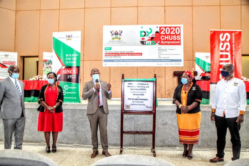 The Vice Chancellor, Prof. Barnabas Nawangwe (3rd left) launching the Centre. Looking on are Dr Josephine Ahikire, Principal of CHUSS (2nd R), Dr Julius Kikooma, Deputy Principal (Right), Dr Andrew Elias State, Director of CERTL (Left) and Dr Khanakwa, Deputy Director