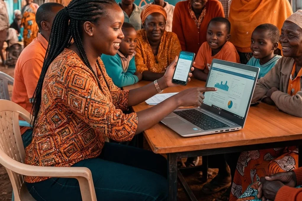 A woman showing a laptop dashboard and a phone to a gathering of community members under a tent