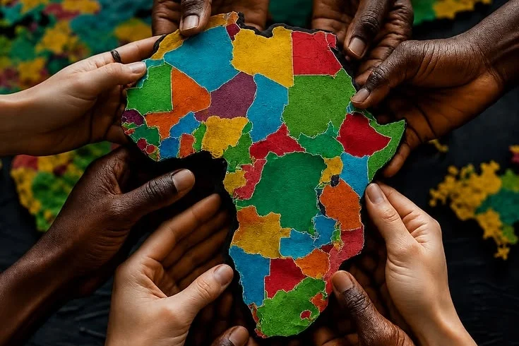 Many hands of different skin tones holding a colourful map of Africa together