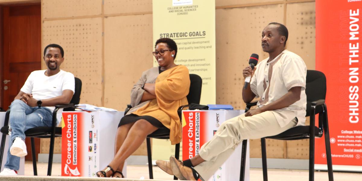 PAF Lecturers and theatre experts Hannington Bugingo, Lillian Mbabazi and Charles Mulekwa advising students