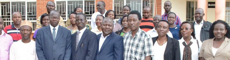 Dr. Muhammed Umar-Burutai (2nd L), DVCAA-Dr. Ernest Okello Ogwang (3rd L), Principal CHUSS-Prof. Edward Kirumira (4th L), Dr. Sani Aliyu (5th L), Prof. Edward Wamala (4th R) and partcipants in the AHP Application Preparation Workshop pose for a group photo at CoBAMS, 15th August 2014, Makerere University, Kampala Uganda