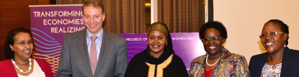 Right-Left: The Dean School of Women and Gender Studies, Assoc. Prof. Josephine Ahikire; Ms Christine Musisi, Regional Director, UN Women, Eastern and Southern Africa; State Minister for Gender, Labour and Social Development, Hon. Rukia Nakadama Isanga; the Head of Delegation, European Union, H.E Ambassador Kristian Schmidt; and UN Women Country Representative, Ms Hodan Addou