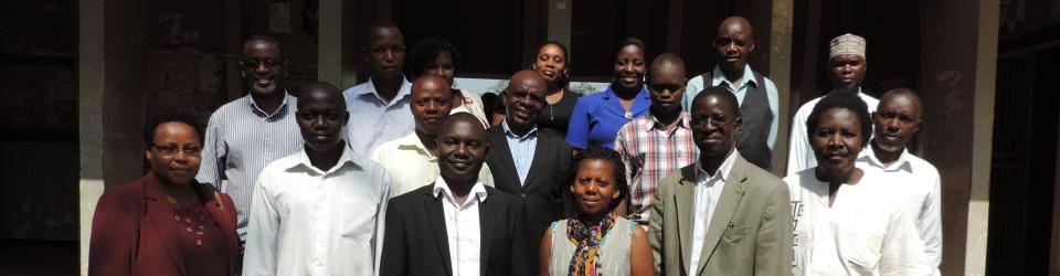 Representatives of CBOs and the Peace and Conflict Studies Centre staff, with the Principal of CHUSS, Prof. Edward K. Kirumira (2nd R), and the Dean, School of Liberal & Performing Arts, Assoc. Prof. Patrick Mangeni (R), at the workshop