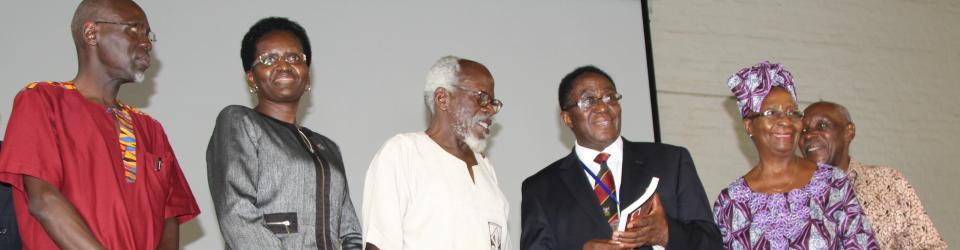 The Vice Chancellor, Prof. John Ddumba-Ssentamu with Prof. Molara Ogundipe-Lesilie (R), Prof. Taban lo Liyong (3rd L), Prof. Austin Bukenya, and Ms Jane Okot p’Bitek Langoya during the launch of Omulanga gwa Lawino and celebration of Okot p'Bitek's Song of Lawino at 50