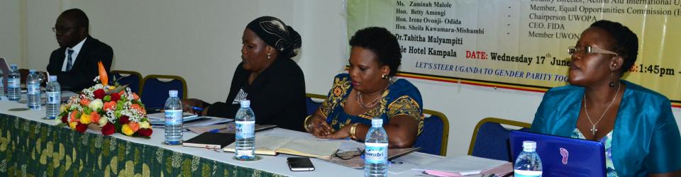 Right-Left: The Dean School of Women and Gender Studies, Assoc. Prof. Josephine Ahikire, UWOPA Chairperson, Hon. Betty Among, Ms Zaminah Malole, and Mr Aramanzan Madanda were some of the panelists