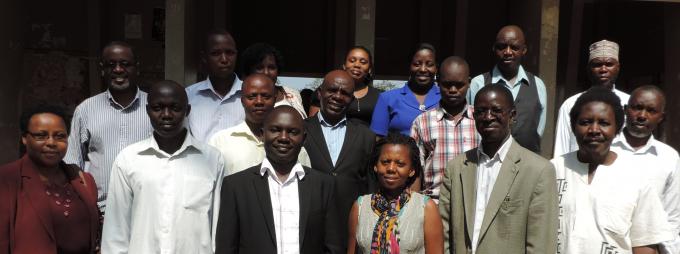 Representatives of CBOs and the Peace and Conflict Studies Centre staff, with the Principal of CHUSS, Prof. Edward K. Kirumira (2nd R), and the Dean, School of Liberal & Performing Arts, Assoc. Prof. Patrick Mangeni (R), at the workshop