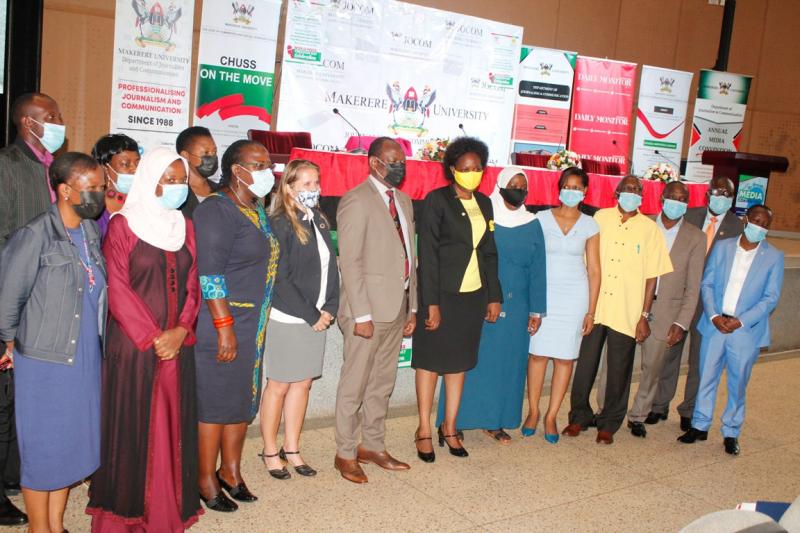 The Minister of ICT and National Guidance, Hon. Judith Nabakooba and the Vice Chancellor, Prof. Barnabas Nawangwe with the Principal of CHUSS, Dr Josephine Ahikire and members of staff from the Department of Journalism and Communication shortly after the opening ceremony